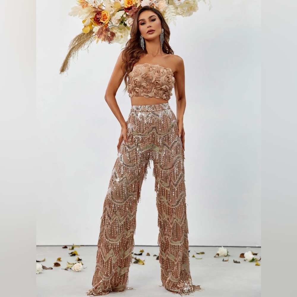 3D floral top with sequin pants